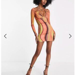 Bershka retro print tie detail dress in orange